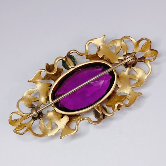 Antique Art Nouveau Gold Tone Ivy Vine Brooch Purple Glass Edwardian 1900s Pin - Picture 9 of 14